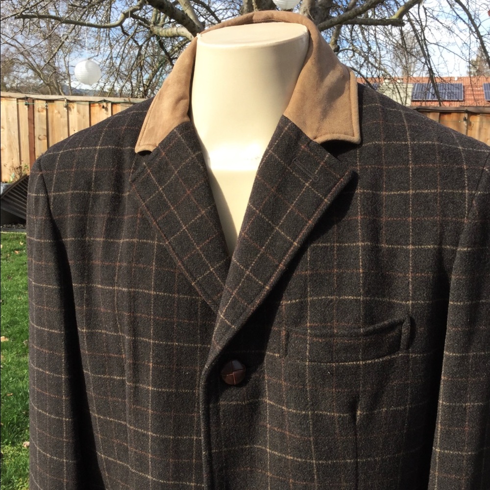 COLE HAAN Plaid Wool Cashmere Leather Overcoat